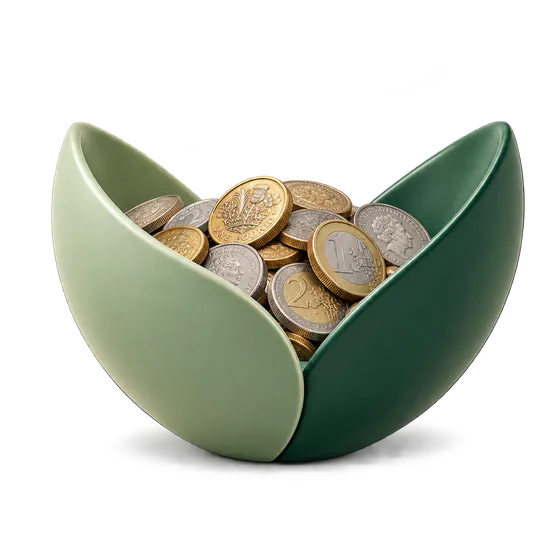 Seed round-up giving app: a leaf-shaped bowl filling with coins from spare change